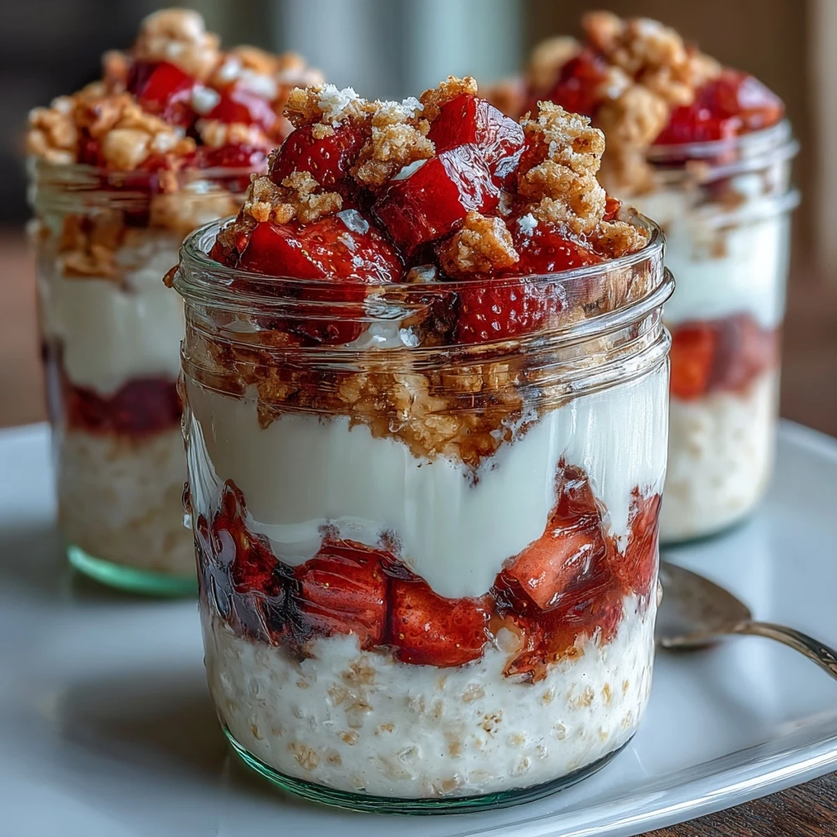 1. Creamy overnight oats layered with fresh strawberries, a touch of cream cheese, and crunchy graham cracker topping for a cheesecake-inspired breakfast.