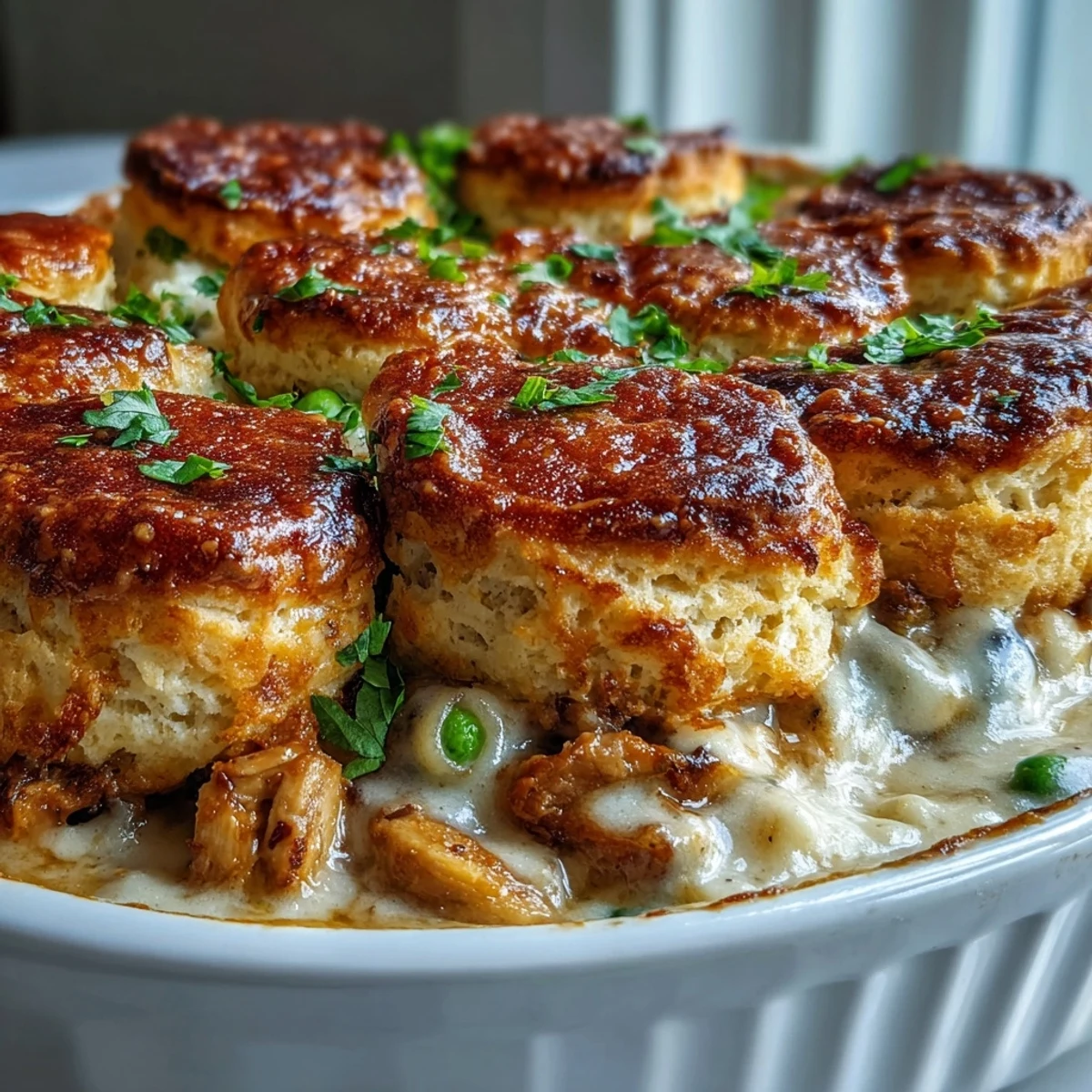 Złoty, puszysty placek biszkoptowy na wierzchu pysznego kotleta z kurczaka i warzywami w kremowym sosie.