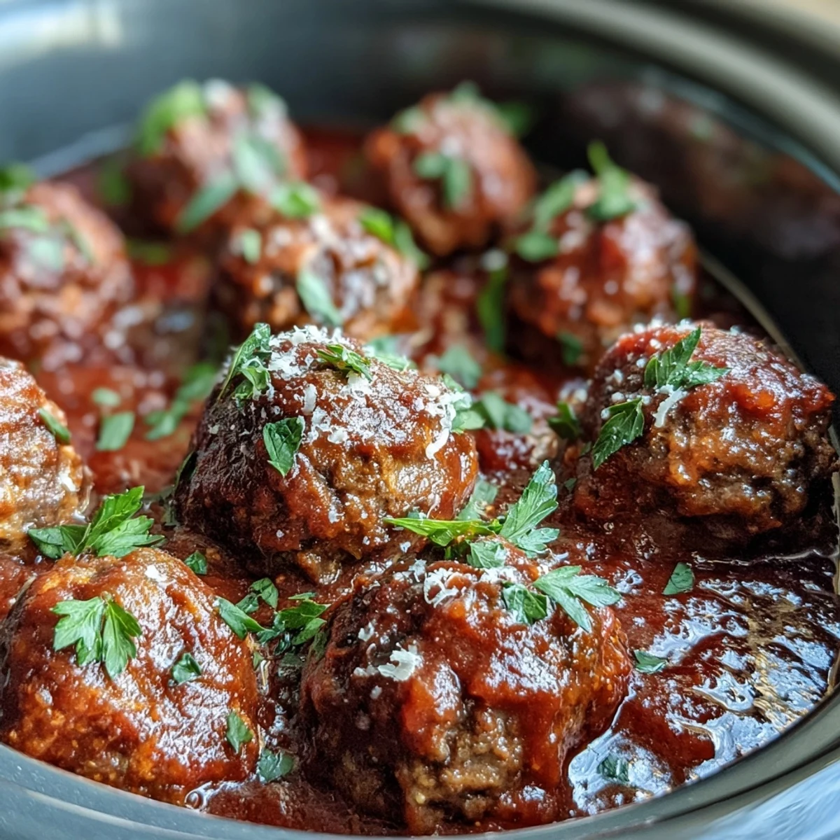 Savory slow cooker meatballs in a thick tomato sauce, ideal for appetizers or hearty pasta meals.