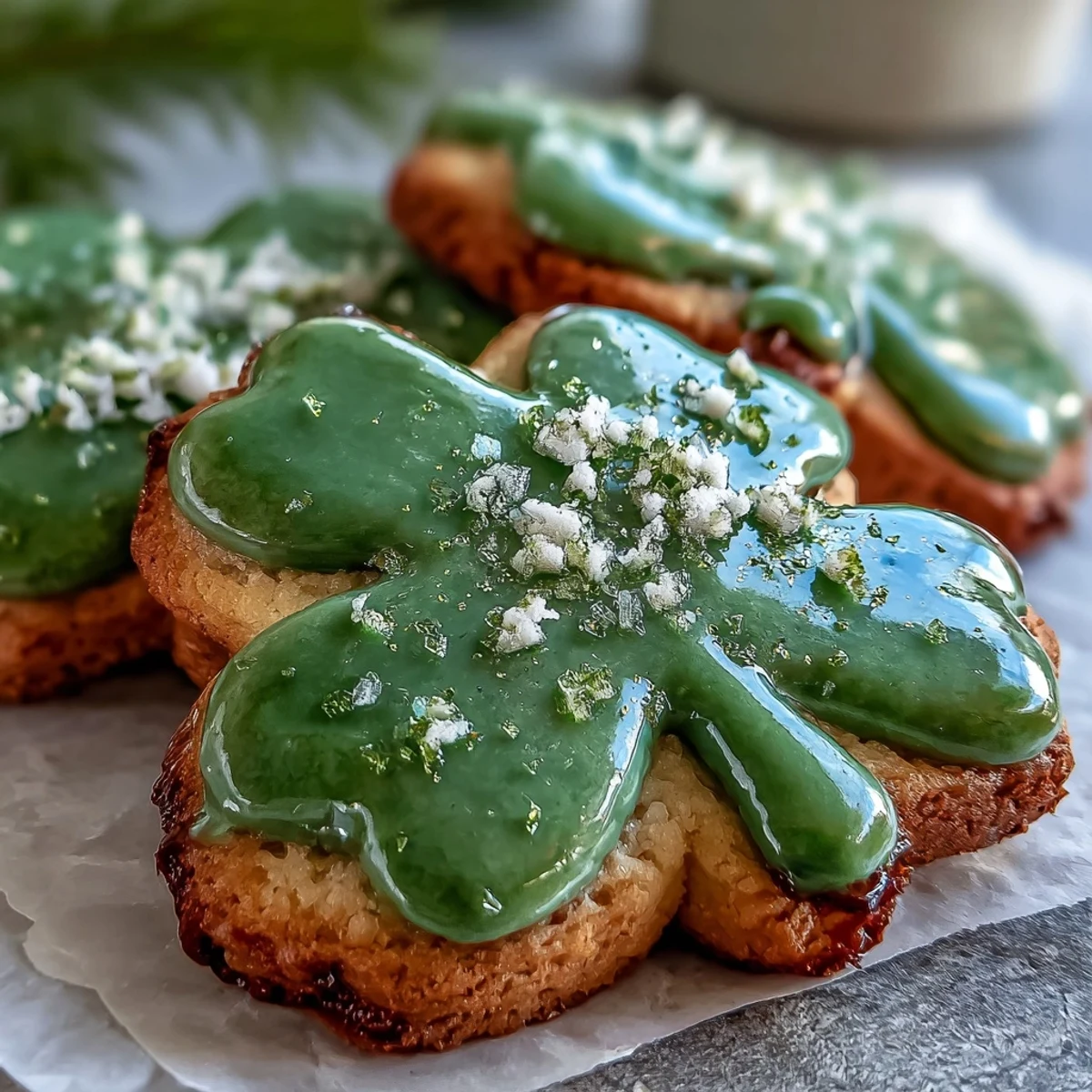 Kolorowe świąteczne ciasteczka w kształcie koniczynki z buziato posmarowane zielonym lukrem krolewskim.