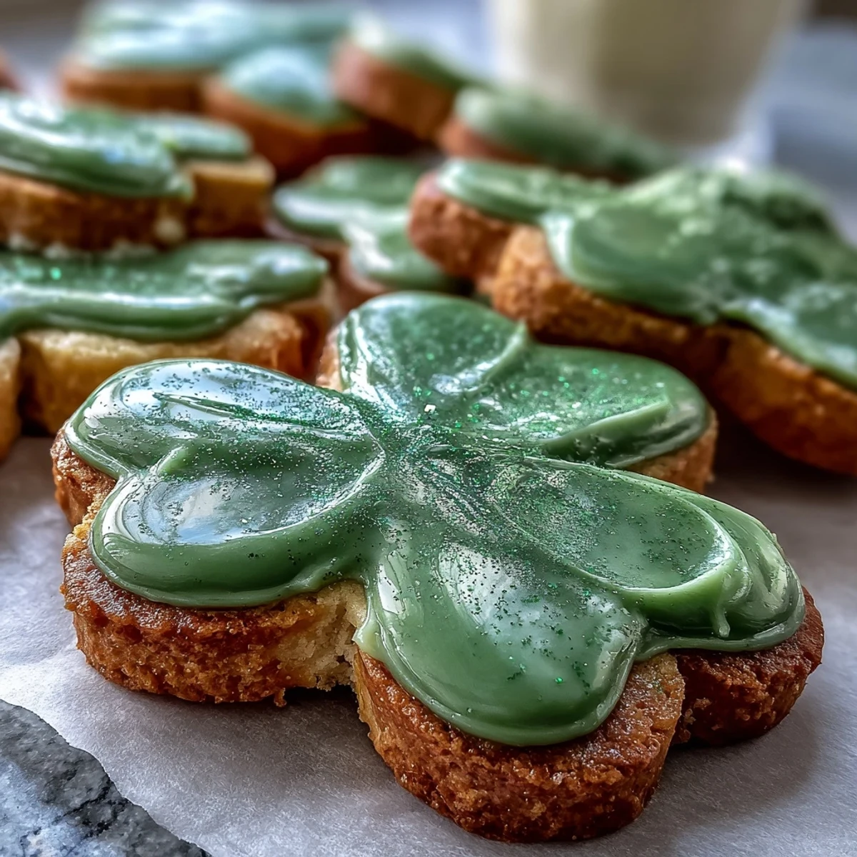 Delikatne herbaciane ciasteczka z kruchych ciast cukrowych, pokryte gładkim lukrem krolewskim na Święto Świętego Patryka.