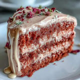 Elegant pink velvet cake infused with rosé wine, frosted with creamy cheese frosting and finished with a luxurious edible gold drip for bridal celebrations.  