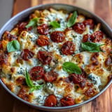 Creamy Baked Boursin Pasta dish, with blistered tomatoes and fresh basil garnish.