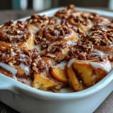 Złocisty, błogi Peach Cobbler Cinnamon Roll Casserole, pachnący cynamonem i ciepłem.