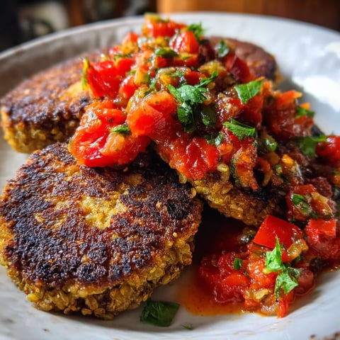 Na tle ciemnego koloru, na białym talercie, są trzy buckwheat patties z dodatkiem pomidorowego sosu. Są to pyszne, cienko urodzone patties, które wyglądają bardzo smaczne i ciekawe.