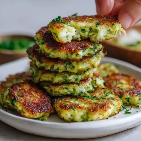Na tle szarości, widać pękate, zielone zucchini fritters, które są gotowe do zjedzenia.