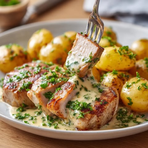 Na tle stołu siedzą dwa pork cutlets z mustardem, otoczone potatami.