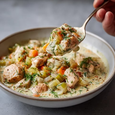Obraz przedstawia miskę z Creamy Dill Pork Stew, w której znajdują się różne składniki, w tym wieprz, cukier i sól. W misce można zauważyć również kawałki chleba. W dalszej części obrazu, ręka wkracza do miski, wzywając na sobie delikatny posiłek.
