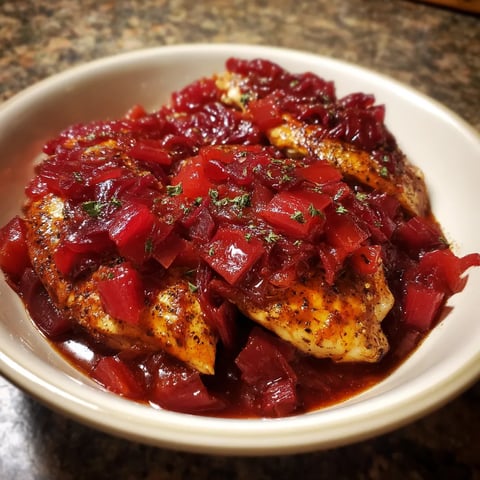 Chicken z Rhubarb Sauce w misce na talerzu.