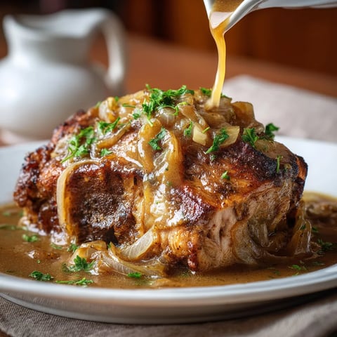 Slow-Roasted Pork Shoulder z Onion Gravy.
