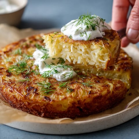 Obraz przedstawia potato cake z sour cream na jego powierzchni.