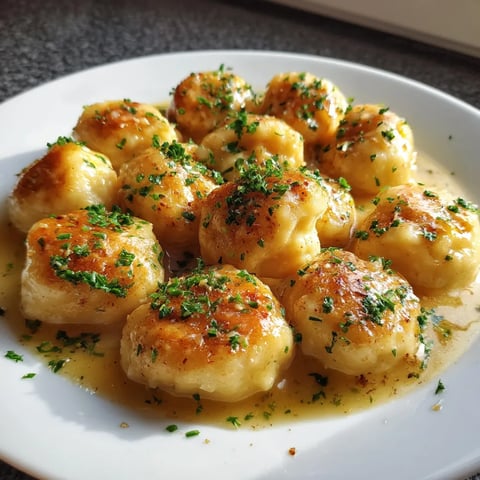 Na tle szarości, na białym talercie, stoi biały talerz z Silesian dumplings w cieście.