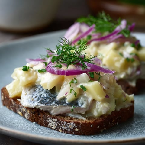 Pomeranian Herring with Apple-Onion Cream towarz z ciasta ziemniaczanego.