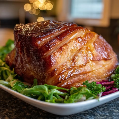Na tle kuchennym stoi duży, wyjątkowo smaczny kawałek prosa, który został pokryty cieście z miodem.