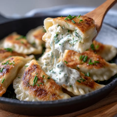 Na tle czarnej tkaniny w skilletcie są gotowe pierogi z cottage cheese i ziołami.