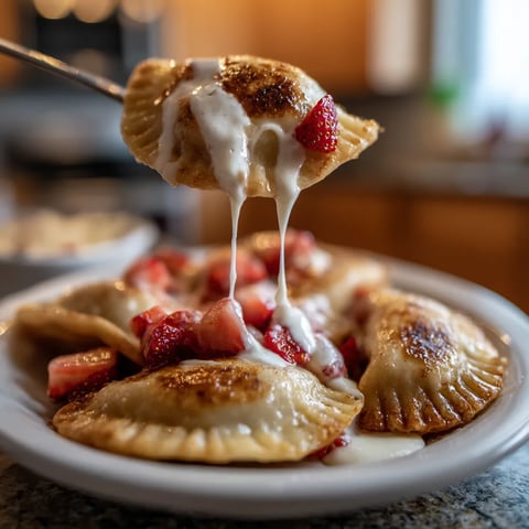 Na tle kuchennym stoi biały talerz pełen strawbery i pierogów z miękkim śmietankiem.