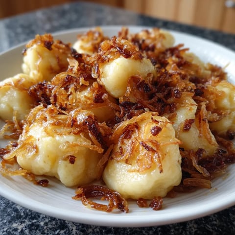 Na tle czarnej tkaniny stoi biały talerz z potato dumplingami.