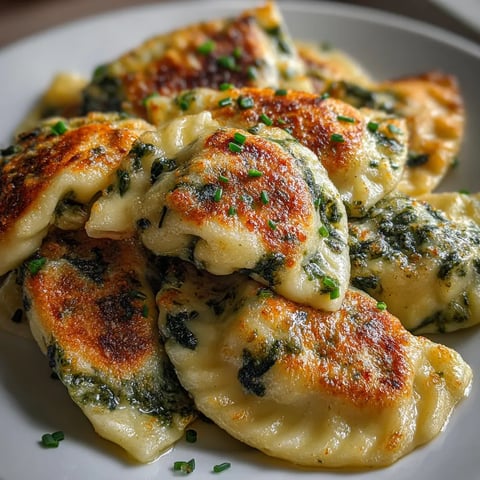 Na tle białego tła, na płycie ceramicznej, stoi paczka z pierogami. Pierogi są zrobione z mięsa i posypane spinach. Są to delikatne, cienkościenne pierogi, które przyciągają uwagę swoją wyjątkową smakowitością.