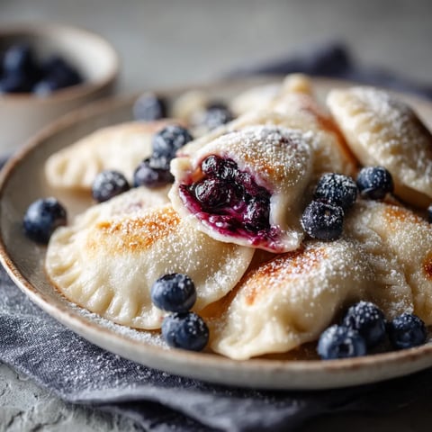 Na talerzu z pięknymi pierogami z powtarzalnymi świeżymi blueberry'ami.