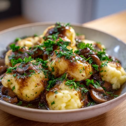 Kluski Śląskie z Mushroom Sauce towarzyszące się z różnymi składnikami.