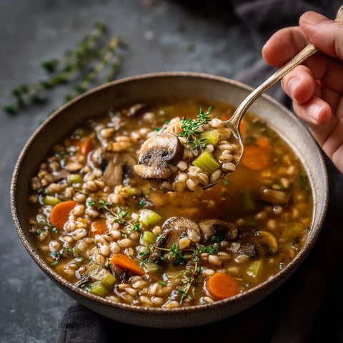 Obraz przedstawia osobę, która w dół wlewa spoon z miską z mushroom soup. W misce są m.in.