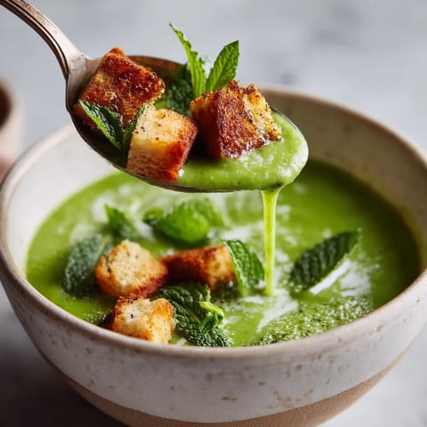 W misce pea soup z dodatkiem menty i kruchów.