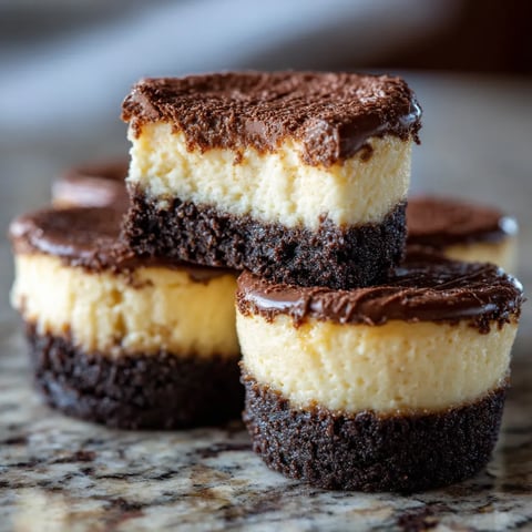 Trzy mini cheesecakes z chocoladem podstawą, ułożone na tblecie.