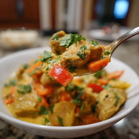 W kawiarni służąca się z curry wieprzowego z mlekiem kokosowym.