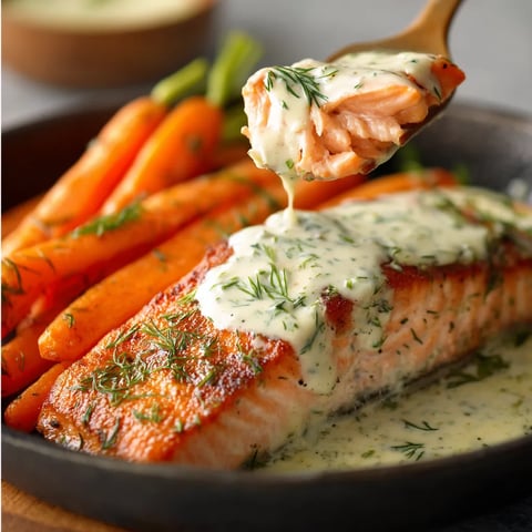 Obraz przedstawia grilled salmon z dodatkiem sosu z bazylii i młodych papryk.