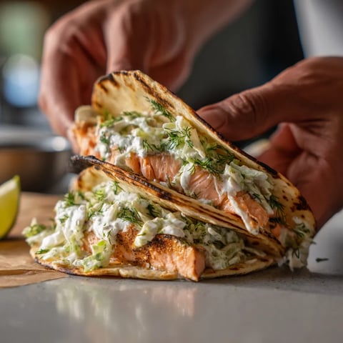 Obraz przedstawia dwa grilled trout tacos z dodatkiem sosu słodyczy.