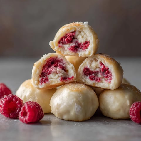 Obraz przedstawia kilka pierogów z czerwonymi jagodami raspberry.