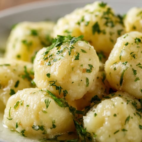 Na tle szarości, w misce, są kopytki (Polish Potato Dumplings) w różnych fazach przygotowania.