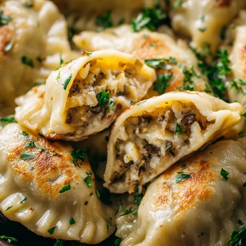 W obrazie przedstawione są pięć pierogów z foraged mushroom risotto.