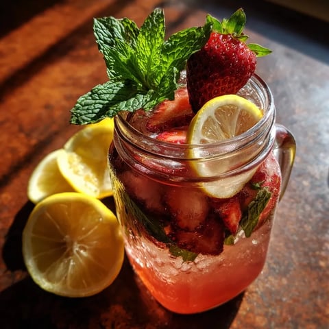 W kącie stołu stoi wiadomość w kieliszku, zawierająca strawberry-rhubarb kompot spritzer.