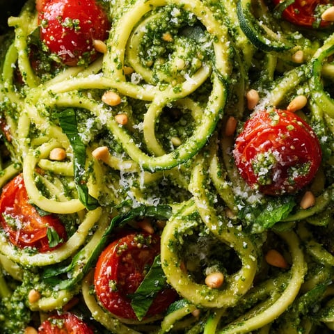 Zucchini Noodles with Pesto towarzyszące się z dodatkiem pomidorów.