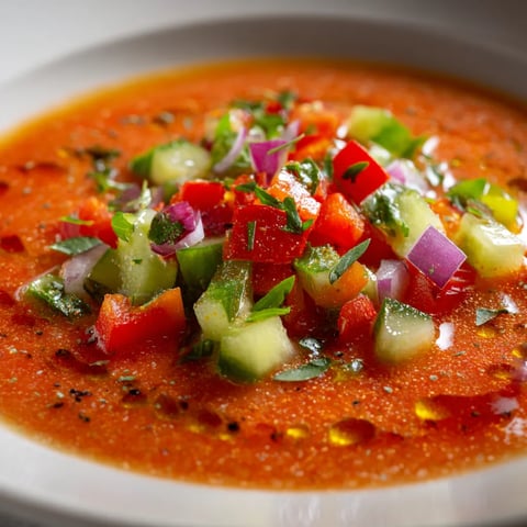 W misce na talerzu, wypełnionej czerwonym gazpacho.