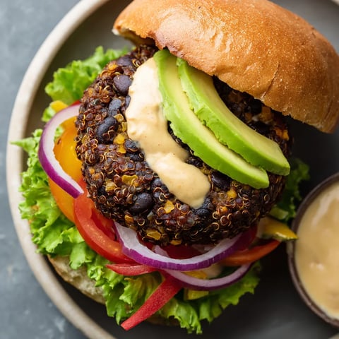 Black Bean Veggie Burger na baguette z dodatkiem sosu.