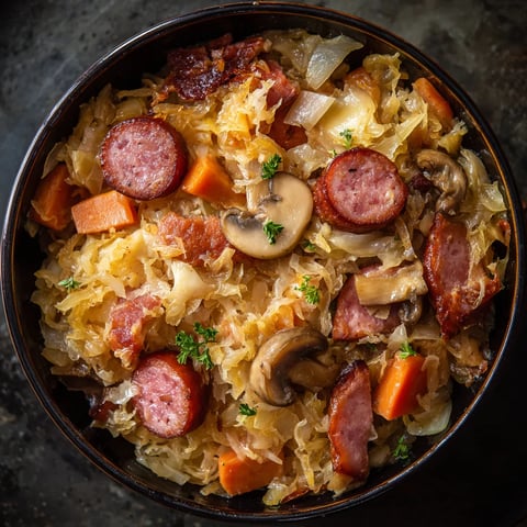 Bigos myśliwski w stylu comfort food – bigos z kiełbasą i jabłkiem.