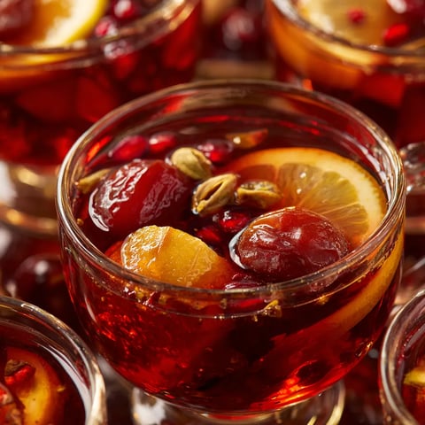 W obrazie przedstawione są kompoty z suszonych owoców, takich jak jabłka, pomarańcze i orzechy.