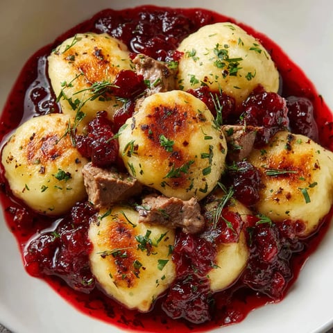 Na tle czerwonej sosy, w której się wbija, znajdują się kartacze góralskie z dziczyzną i żurawiną.