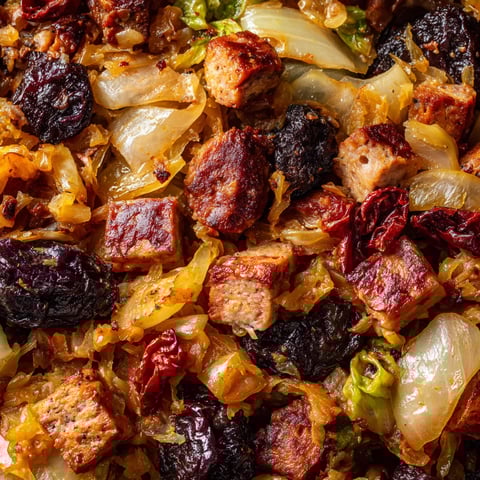 Obraz przedstawia delikatny bigos leśny z dodatkiem śliwek wędzonych.