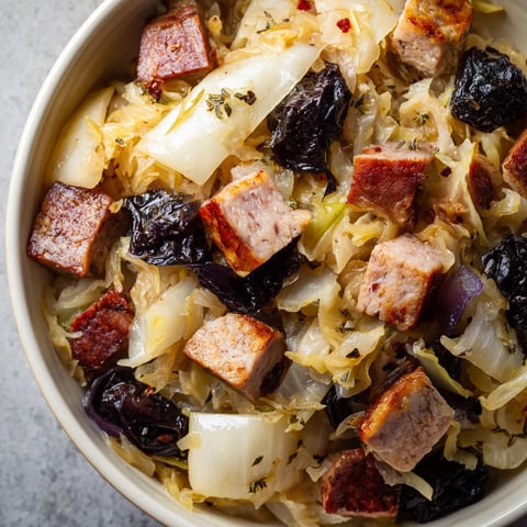 Bigos leśny ze śliwkami wędzonymi i piwem ciemnym.