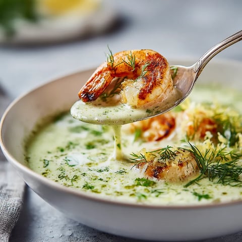 Zupa koperkowa z grillowanymi krewetkami i cytrynową śmietanką.