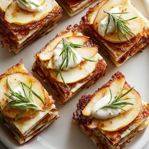 Na tle białego tła, na którym umieszczone są warstwowe placki ziemniaczane z jabłkami karmelizowanymi i kremem rozmarynowym.