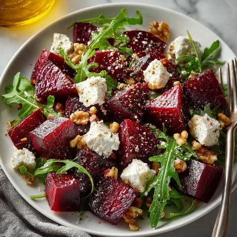 Salatka z burakiem i rukolą na talerzu.