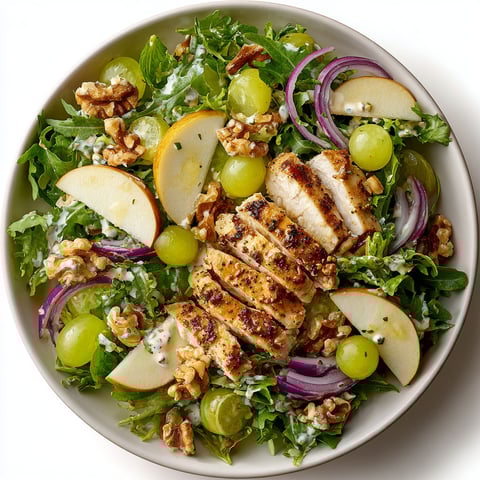 A plate of food with chicken, grapes, and apples.