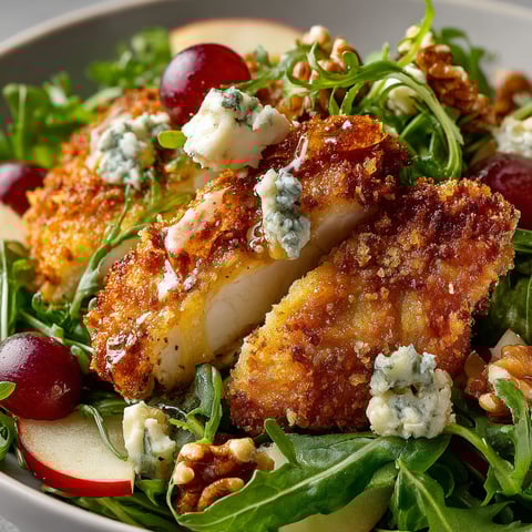A plate of food with chicken, spinach, and blue cheese.