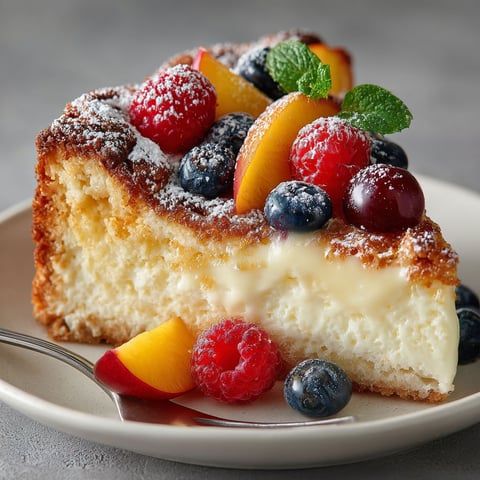 A slice of cake with fruit on top.