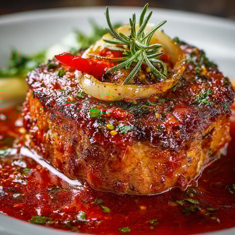 A plate of meat with onions and peppers on top.