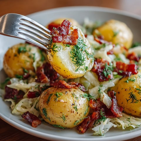 A plate of food with potatoes and bacon.